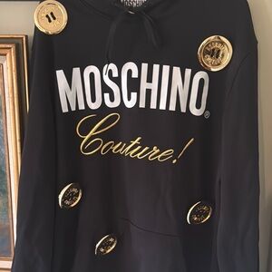 Moschino Black Hoodie with Large Button Gold Accents M L Medium Large